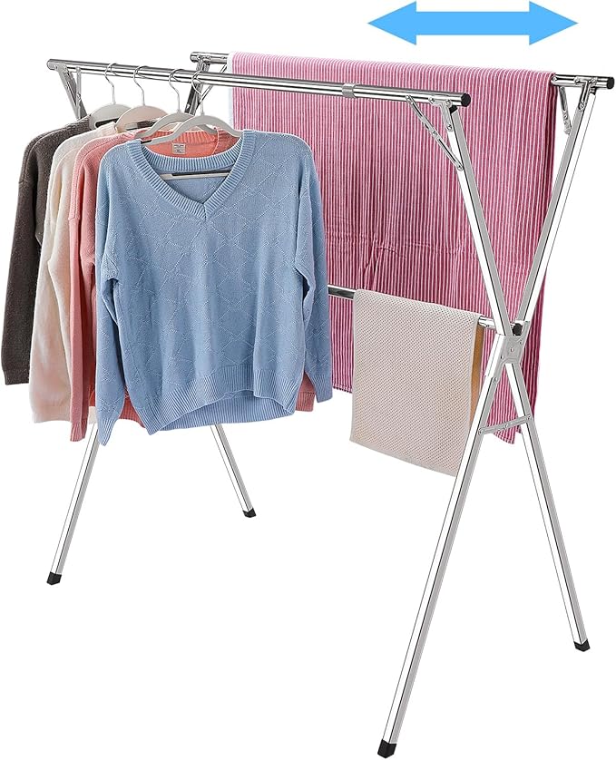 funest Drying Rack Clothing, 79 Inches Adjustble & Foldable Laundry Drying Rack, Heavy Duty Stainless Steel Clothes Drying Rack with 20 Hooks, 12 Clips, Suitable for Indoor, Outdoor and Balcony