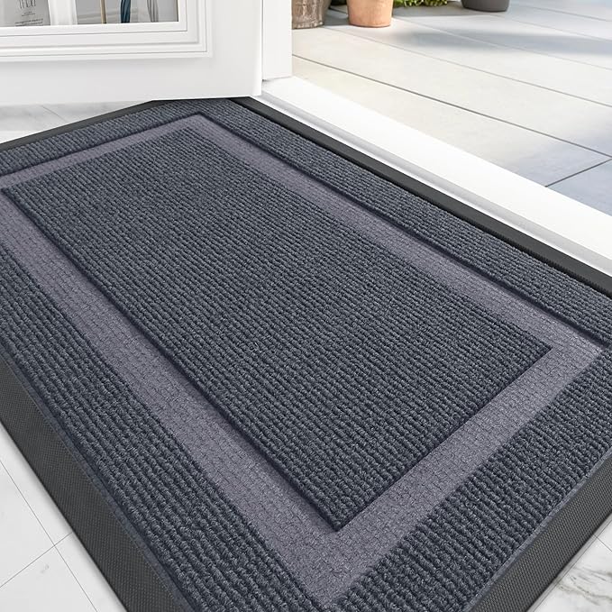 OLANLY Front Door Mat Indoor Outdoor Entrance, Waterproof All-Season, All-Weather Doormat, Sturdy Natural Rubber, Fade Resistant, Low Profile, Easy Clean Patio Porch Entryway Mat, 47x17, Light Grey