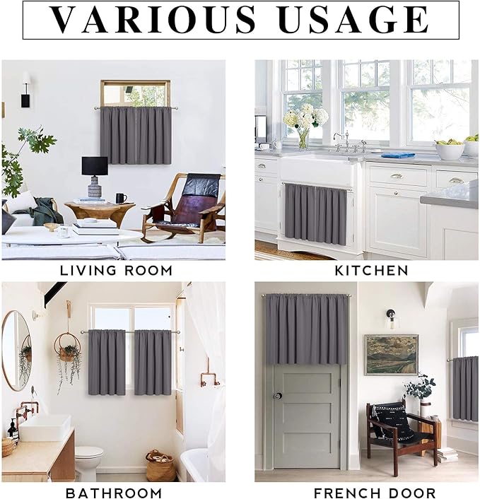 RYB HOME Short Curtains Gray Half Window Curtains for Bedroom, Privacy Curtain Tiers for Windows, Energy Saving Drapes for Bathroom Shades, Wide 42 x Long 36 inches per Panel, Grey, Set of 2