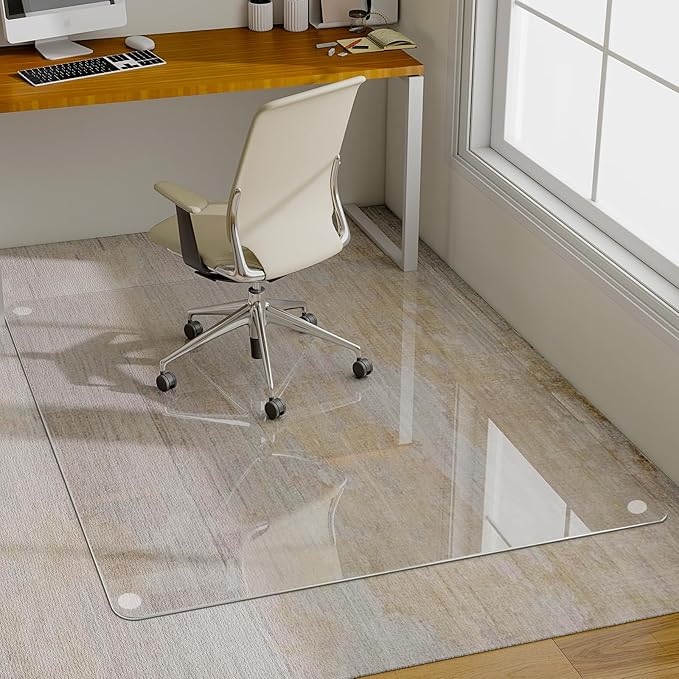GLSLAND 47"x40" Tempered Glass Chair Mat Heavy-Duty Floor Protector for Carpet & Hard Floors Scratch-Resistant Office Computer Desk Mats Clear