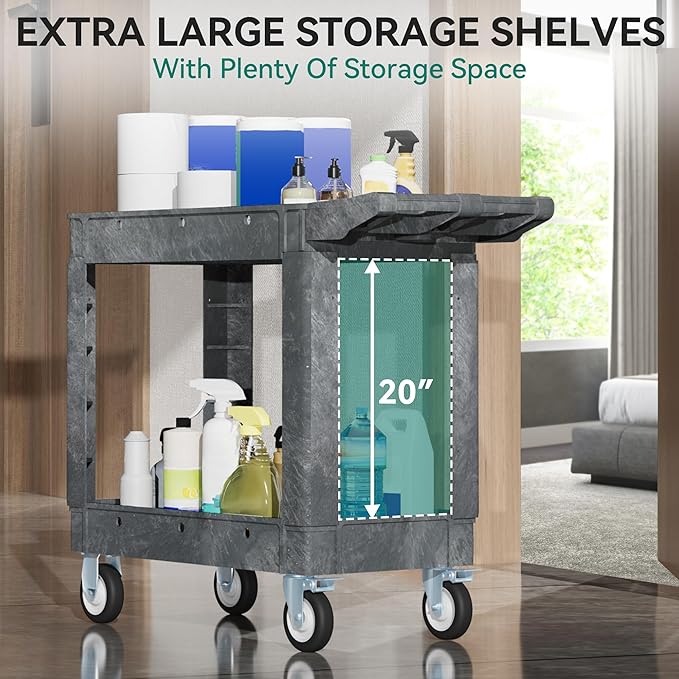 YITAHOME Utility Cart on Wheels, 550 lbs Capacity Service Cart, 40 x 17 Inch Rolling Work Carts, 2 Shelf Heavy Duty Plastic Cart Suitable for Warehouse, Garage, School & Office, Cleaning, Gray