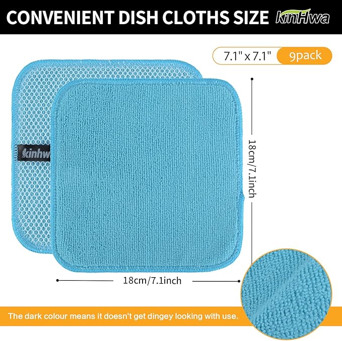 KinHwa Kitchen Washcloths for Dishes Absorbent Microfiber Dish Cloths Quick Dry Dish Rags with Poly Scour Scrub Side Ideal for Kitchen Cleaning (Blue, 7inchx7inch 9 Pack)