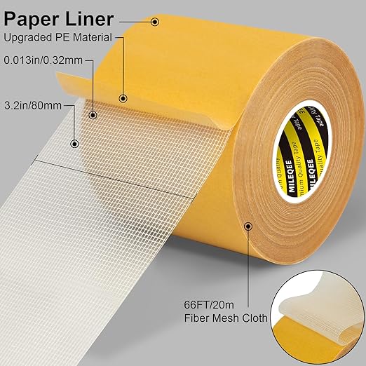 Double-Sided Tape Strong and Tough, Extra Large 3.2in x 66FT(20m), Durable Duct Cloth Carpet Rugs Fiberglass Mesh Tape, High Stickiness 2 Sided, Multipurpose Removable Residue-Free, Easy Tear
