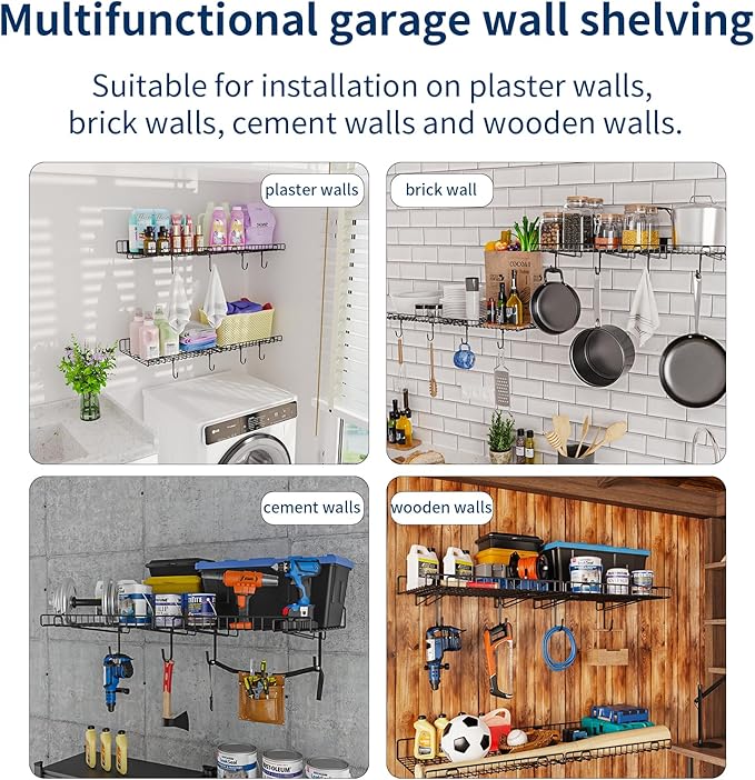 4 Pack Garage Wall Shelf, Wall Mounted Storage Shelves, Heavy Duty Metal Shelves for Room Wall, Loads 260 LBS Floating Shelves Mesh Storage Rack for Garage, Office, Basement,Wall Cabinet and Kitchen