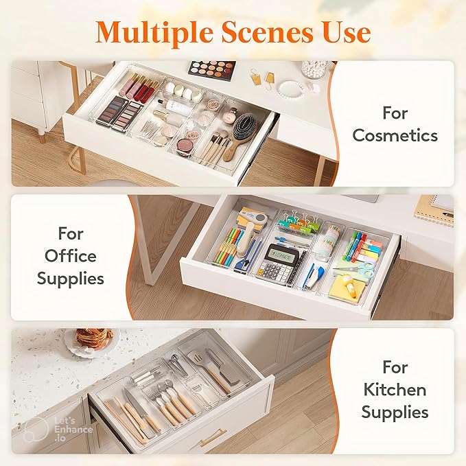 12-Pack Clear Plastic Drawer Organizer Trays – Multi-Use Acrylic Storage Bins for Kitchen, Bathroom, Makeup, Office, School & Undergarments – Perfect for Dorm, Apartment & Home Organization