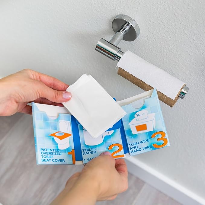 The Restroom Kit Great for travel (12-Pack) Portable Disposable Oversized Toilet Seat Cover, 3ft 3Ply Toilet Paper, Hand & Flushable Tush Wipe.