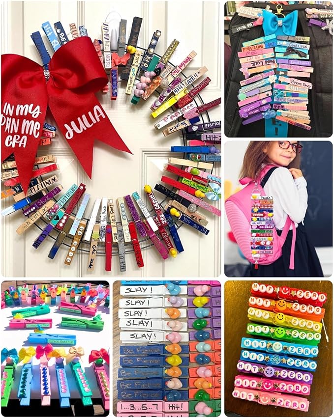 SF SOONEAT Cheer Pins for Backpack Cheer Stuff Kit 70 Colored Clothes Pins with Mini Resin Ducks Bows Letter Beads Team Cheerleaders Gifts Bulk Pin Me Ribbon for Bag Decorations Colorful Spirit Clips