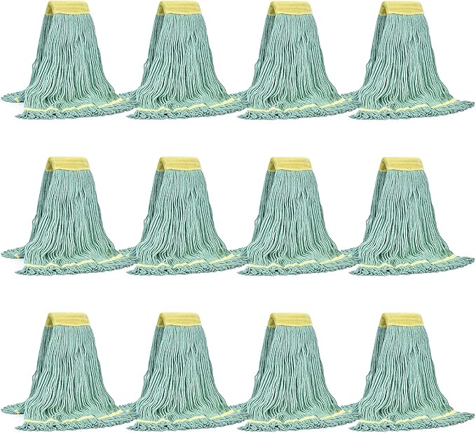 Matthew Cleaning Commercial Mop Head Replacement, 5 Inch Wide Headband, Looped End Cotton Blend String Wet Mops for Floor Cleaning, 18 oz Medium, Case Pack 12 Pcs Green