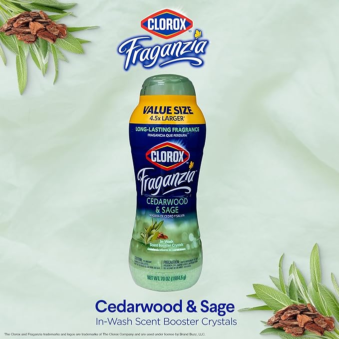 Clorox Fraganzia Laundry Scent Booster Crystals in Cedarwood & Sage Scent - Scented In-Wash Freshener Beads for Fresh, Clean, Great Smelling Clothes and Linens, 70 Oz