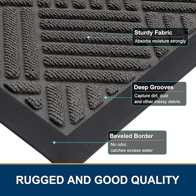 Smiry Front Door Mat Outside Entrance, Heavy Duty Outdoor Indoor Natural Rubber Doormat, Non Slip, Trap Dirt and Moisture, Easy Clean, Low Profile Patio Porch Entryway Mat, 59x35, Grey