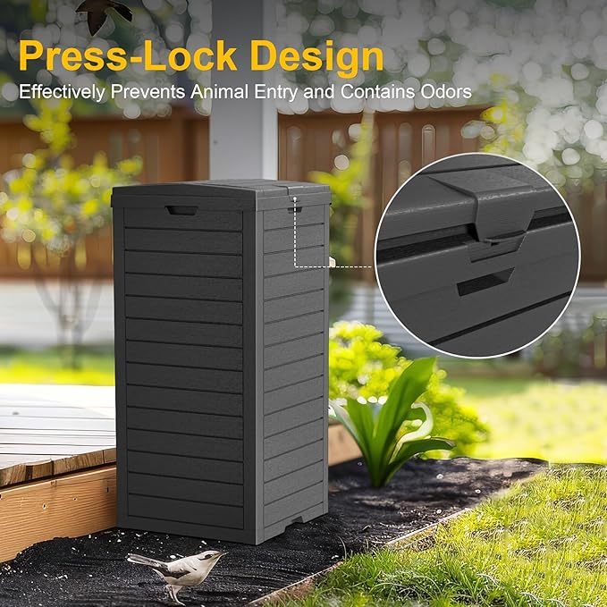 Outdoor Trash Can Waterproof Resin Garbage Bin, 31 Gallon with Tiered Lid and Drip Tray, for Patio, Backyard, Deck（Grey）, Gray