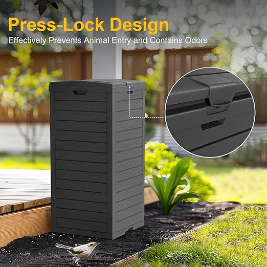 31 Gallon Outdoor Trash Can with Tiered Lid and Drip Tray,Waterproof Resin Waste Bin Indoor,Durable,Stylish,Lightweight Garbage Bin for Patio,Kitchen,Backyard and Office(Black)