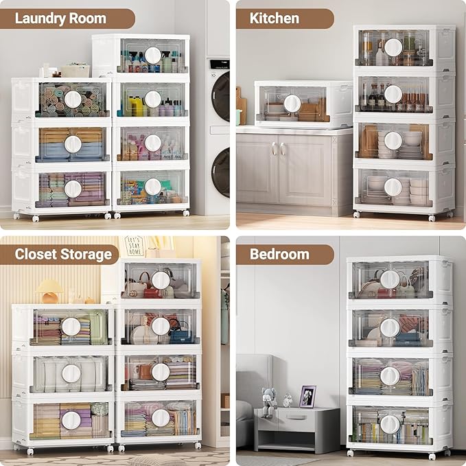 BROVIEW 480Qt Lockable Stackable Storage Bins with Lids, Closet Organizers and Storage Drawer, Collapsible Storage Bin with Wheels, Plastic Cabinet for Toy Clothes Dorm Organizer, V9 4 Pack White