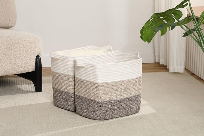 Storage Baskets for Clothes Fabric Cotton Rope Storage Basket with Handles, Decorative Woven Basket for Living Room,Closet Organizer Blankets, and 2bags (Gradient Brown, L14×W11×H14)