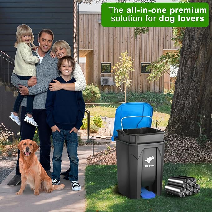 Dog Poop Trash Can Outside, 20L/5Gallon Dog Waste Trash Can with Lid, Pedal and Removable Inner Waste Bin, Pet Poop Bucket with 100 Bags, Blue