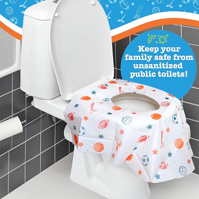 Toilet Seat Covers Disposable (12 Pack, Sports) - XL Waterproof Toilet Cover for Toddlers, Kids & Adults - Portable & Individually Wrapped for Travel, Potty Training & Public Restrooms