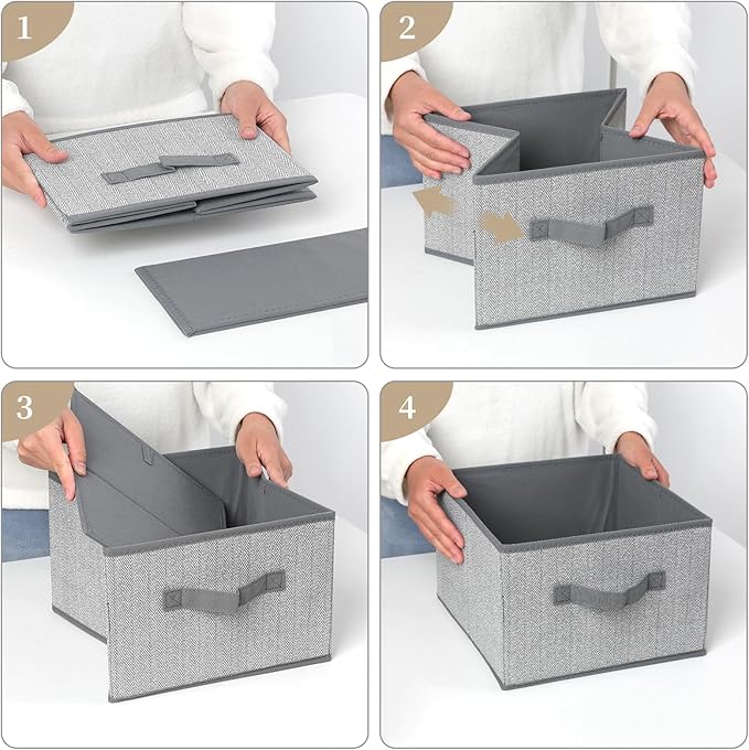 Storage Baskets, 11-Inch Woven Fabric Bins, Storage Cubes with Reinforced Handles, Organizer Bins for Closet Shelves, Foldable, for Toys, Clothes, Natural Beige (4PCS/Grey-11*11*7.8inch)