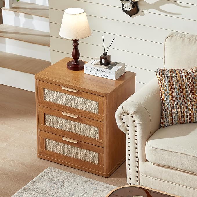 LEYAOYAO Rattan Night Stand Set of 2 with Drawers, 23" Large 3 Drawer Boho Nightstand, Natural Wood Bedside Table Storage Cabinet, Bed Side End Tables Dresser for Bedroom, Living Room, Hallway, Closet