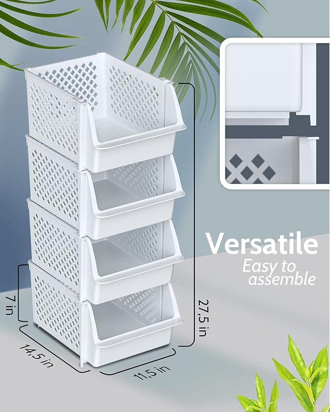 TidyFriend Plastic Stackable Bins for Pantry, 6 Pack Stacking Bins Open Front Kitchen, and Bathroom Organization, Open Front Design (White)