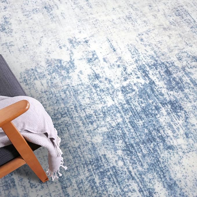 IOHOUZE Abstract Area Rugs 9x12 Ft Washable Large Rugs for Living Room, Non Slip Dining Room Rug, Printed Faux Wool Rugs for Bedroom, Floor Carpet for Office Nursery Playroom, Light Blue White