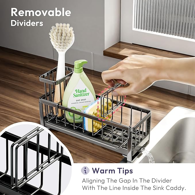 SWTYMIKI Sponge Holder for Kitchen Sink - Sink Caddy with Brush Holder Self-draining Sponge Caddy Organizer with Divider Stainless Steel Kitchen Accessories Storage for Countertop, Black