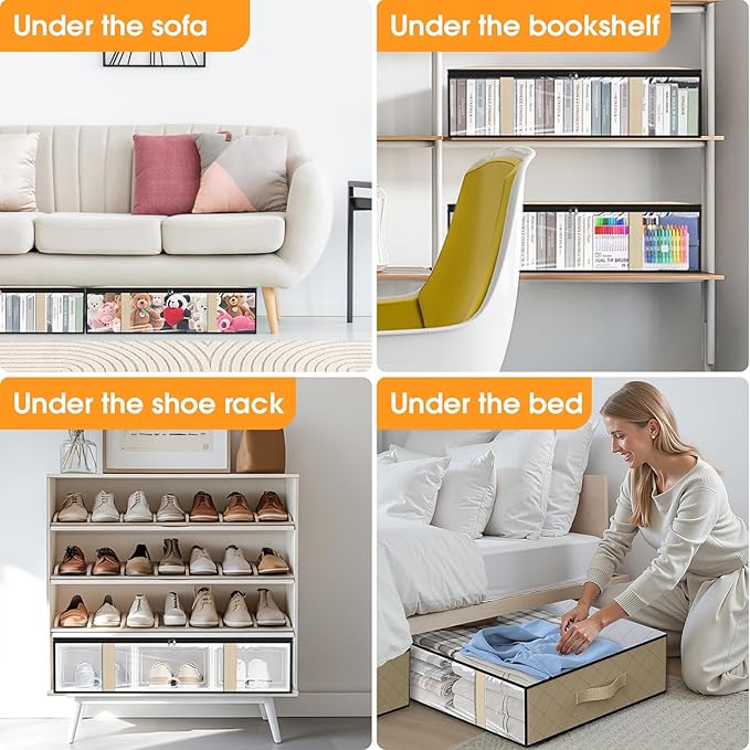 StorageRight Under Bed Storage Bins, 6-Pack 40L Foldable Fabric Storage Bags with Transparent Window, Breathable Organizer for Clothes/Blanket/Comforter/Quilts,Beige