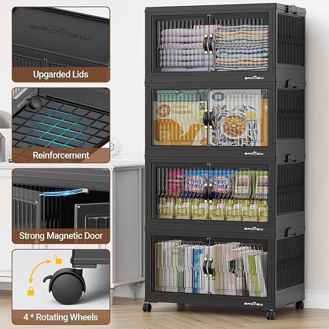 BROVIEW 360Qt Stackable Storage Bins with 3 Lids, Extra Large Closet Organizer Collapsible Drawer Boxes with Wheels, Folding Plastic Cabinet Containers for Home Kitchen Room Organization, 3Pack Black