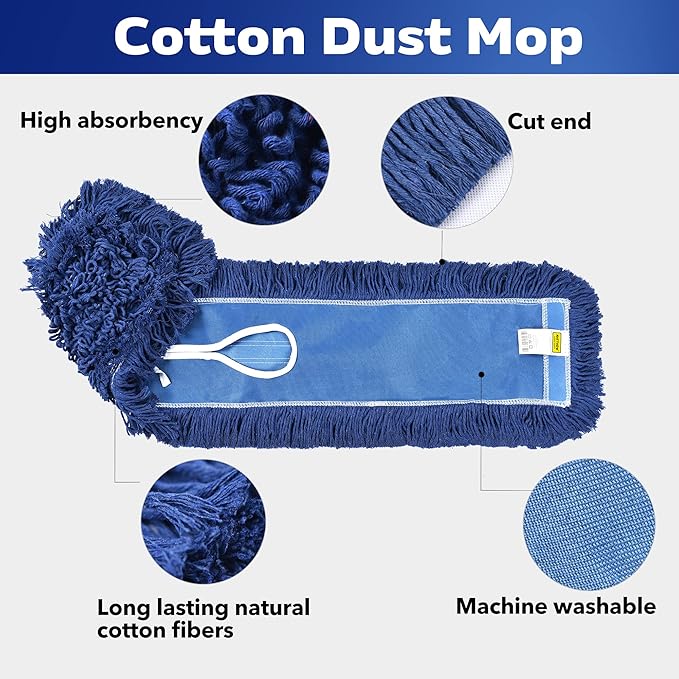 Matthew Cleaning 24'' Industrial Strength Cotton Dust Mop Refill Washable Replacement Heads for Residential & Commercial Use Fit Standard Dust Mop Frames, Hardwood, Laminate, Concrete Floors 3 Pack