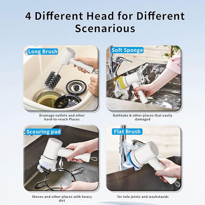 Electric Scrubber Spin- Rechargeable Cordless Handheld Spin Brush with 4 Replacement Brushs with 2 Adjustable Speed Mode for Kitchen,Sink, Bathtub Stovetop ect.