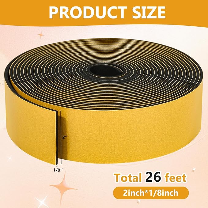 26Feet Weather Stripping Seal (2 Inch X 1/8 Inch) for Door Window, High Density Foam Tape, Soundproofing, Insulation Strip, Door Sealers for Door Frame- Black