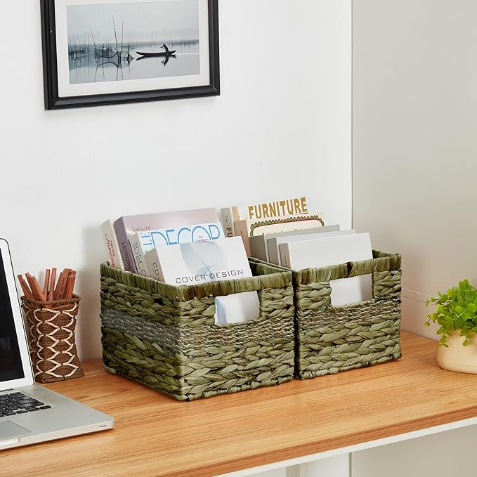 Water Hyacinth Wicker Basket, Decorative Woven Baskets with Built-in Handles, Hand-woven Storage Organizer for Organizing Pantry, Shelves, Livingroom, Bedroom, Toilet(2-PACK, Sage Green)