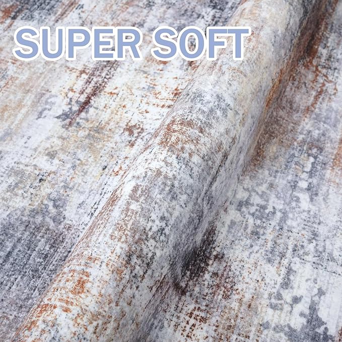 IOHOUZE Abstract Runner Rug 3x14 Ft Washable Runners for Hallways, Non Slip Kitchen Runner Printed Faux Wool Entryway Runner Indoor, Modern Abstract Floor Carpet for Hall Stair, Orange Grey
