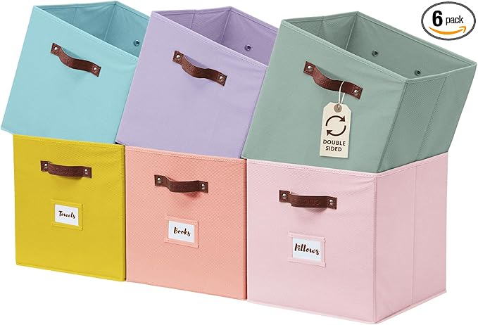 DECOMOMO Storage Cubes, 13x13x13 Storage Cube Bins with Labels, Fabric Organizer Bins (13" / 6pcs, Rainbow)