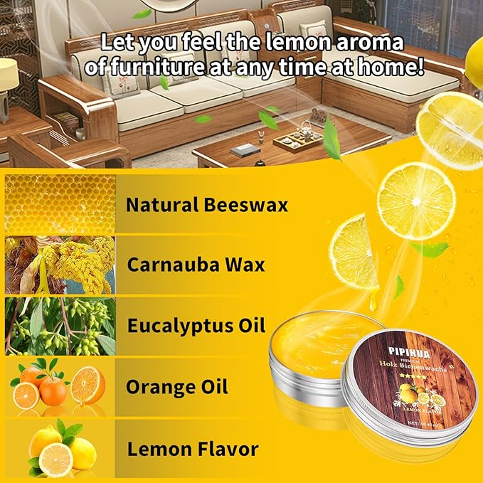 PIPIHUA Beeswax Polish and Conditioner for Wood Furniture - Waterproof & Restorer Wood Wax, Multipurpose Beeswax Furniture Polish and Cleaner for All Types and Colours, Lemon(100g with Sponge)