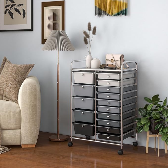 GOFLAME 15-Drawer Rolling Storage Cart, Multipurpose Movable Organizer Cart, Utility Cart for Home, Office, School, Gray Gradient