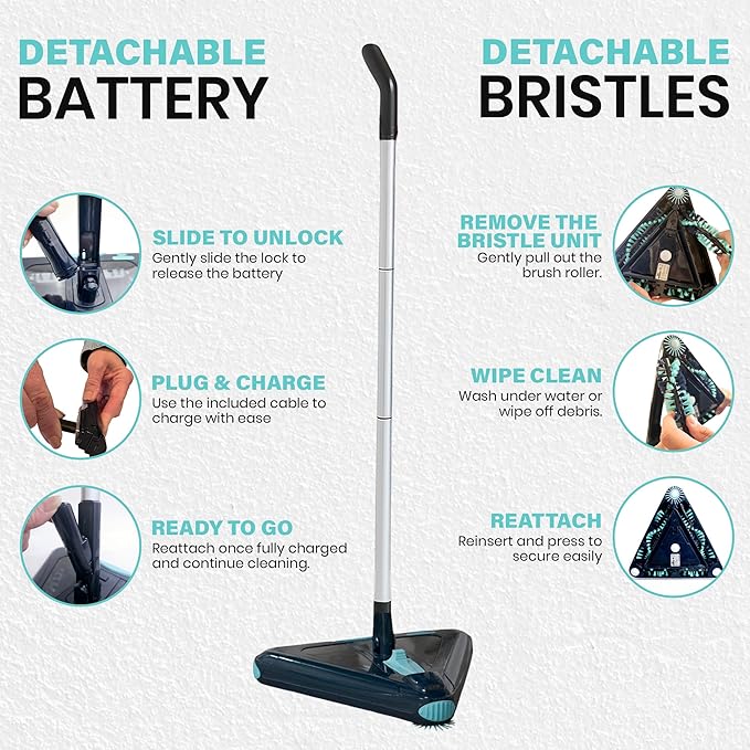 Zippi Sweeper Max Plus - 2025 Version Lightweight Sweeper, Triangular Design Allows for Sweeping in Corners, Perfect for Short Carpet Hardwood and Tile, LED Light, 1 Hr Cleaning Time