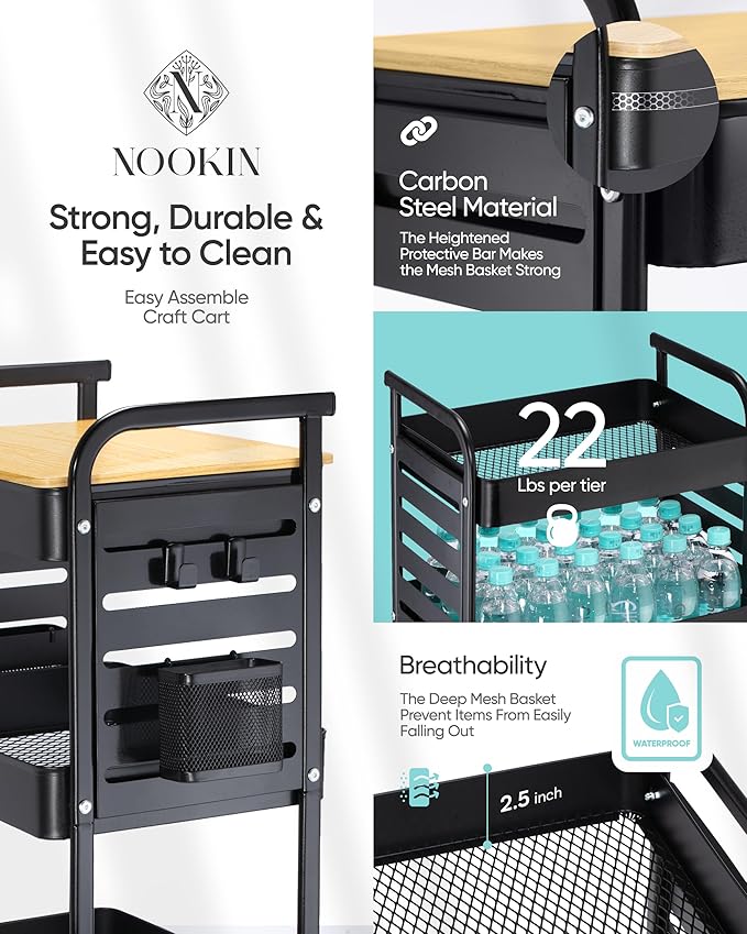 Art Cart with Tabletop & Pegboard - 3-Tier Rolling Utility Cart with Wheels, 2 Baskets & 6 Hooks - Metal Storage Organizer for Home, Office, Crafting & Kids’ Art Supplies (Black)