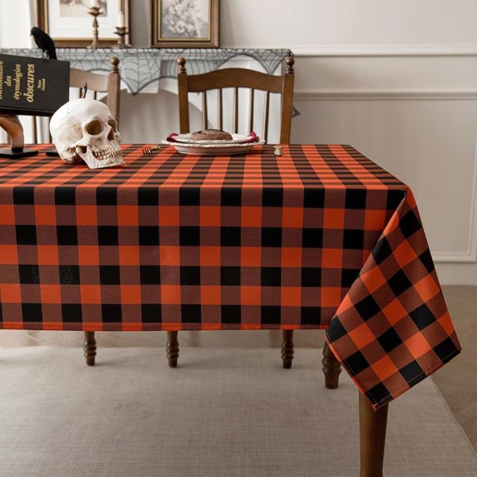 Waterproof Orange Plaid Tablecloth Fabric - Square 58x58 Inch Classic Gingham Checker Halloween Table Cloth for Indoor Use - Fall Tabletop Cover Perfect for Picnics, BBQs, and Parties