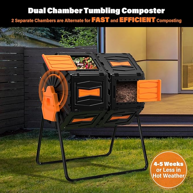 Compost Tumbler, Easy Assemble & Efficient Outdoor Compost Bin, 45 Gallon/170 Liter Large Dual Chamber Rotating Composter for Garden, Kitchen, and Yard Waste, Orange Door