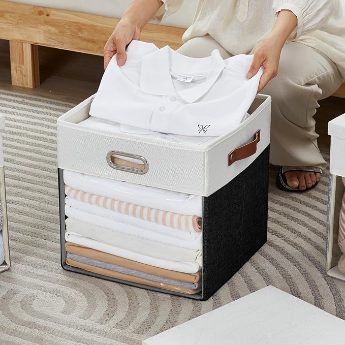Fabric Storage Cubes with Clear Windows and Lids, 13'' Foldable Storage Bins with 3 Handles, Decorative Storage Boxes for Home, Bedroom, Closet, Office (Balck & White)