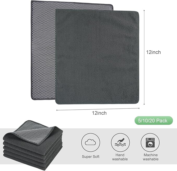 SINLAND Microfiber Dish Cloths Wash Clothes for Kitchen Best Kitchen Cloths Cleaning Cloth Poly Scour Side 12"x12" (10Pack, Dark Grey)