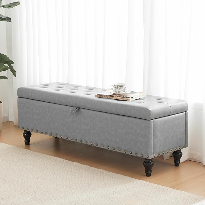 51.8’’ Storage Ottoman Bench, Faux Leather Ottoman with Storages, Window Benches Holds up to 330lbs, Upholstered Storage Bench for Bedroom, Living Room, Entryway and Family Room, Light Gray