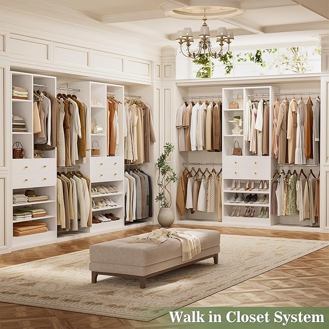 Closet System, Up to 134"/11.2 FT Closet Organizer with 4 Wooden Drawers and Shelves, Walk-in Closet System with 6 Hanging Rods, Built-in Closet Can Fit 96"/8FT, 120"/10FT, White