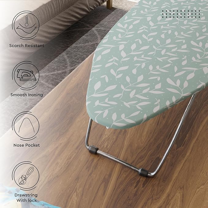 Encasa XO Ironing Board Cover and Pad 28"x12" - Thick 3mm Felt Padding, Drawstring Tightening & Lock, Easy Fit, Scorch & Stain Resistant, Fits Mini Ironing Board - Green Leaflet