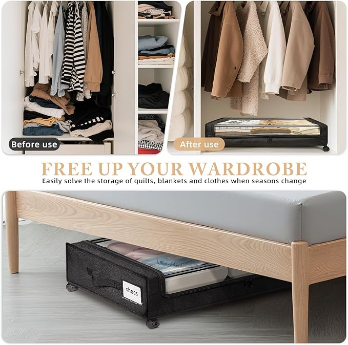 Under Bed Storage with Wheels 2-Pack，Under Bed Storage Containers XXL，Underbed Shoes Storage with Clear Lid,Rolling UnderBed Metal Drawer for Clothes Blankets Easy Pull-out Black