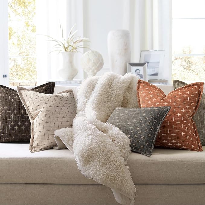 ZWJD Fall Throw Pillow Covers 26x26 Set of 2 Soft Polyester Textured Rust Pillow Covers with Stylish Flange Edge Cozy Farmhouse Throw Pillows for Couch Bed Sofa Living Room Fall Decor
