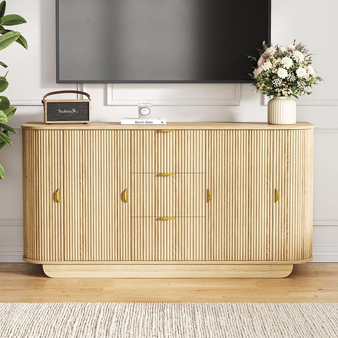 63" Tambour Dresser for Bedroom with 3 Drawers, Modern Chest of Drawers with Sliding Doors & 8 Shelves, Fluted Dresser Storage Organizer for Bedroom, Closet, Living Room(Natural)