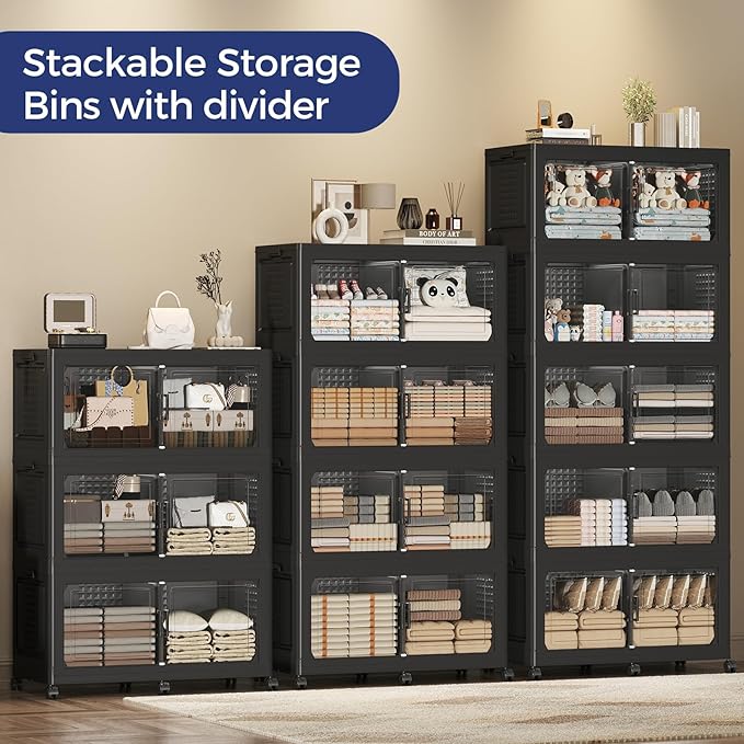 200GAL Storage Bins with Lid and Wheels, Stackable Closet Organizers and Storage Drawer, Collapsible Storage Box with Dividers, Foldable Plastic Cabinets Cubes Totes for Garage, 5 Pack Black
