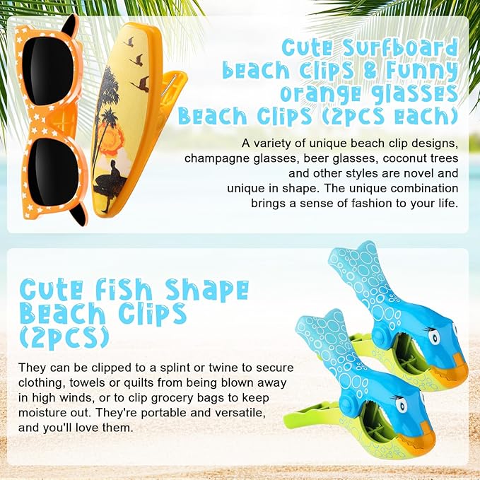 Honoson 12 Pcs Beach Towel Clips Beach Chairs Clips Plastic Swimming Pool Towel Holders Jumbo Size Funny Clothespins for Patio Holiday Pool Blanket Decoration (Stylish)