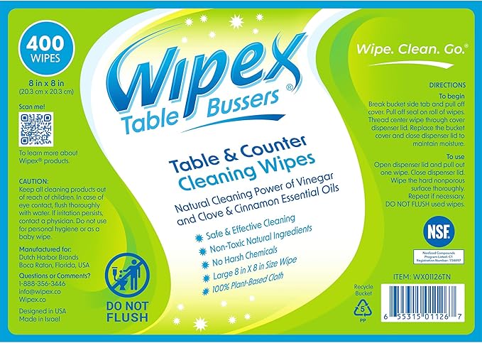 Wipex Table Bussers - Natural Table & Counter Turnover Cleaning Wipes With Vinegar, Propolis, Clove And Cinnamon Oil, 400 Ct (2 Buckets, 800 Wipes)